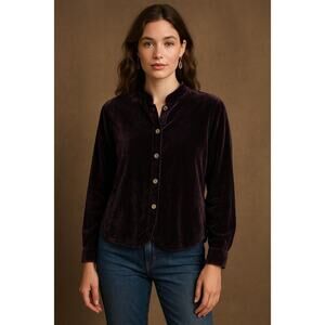 CP Shades Velvet Button-Front Top — Dark Purple / Aubergine — Size S